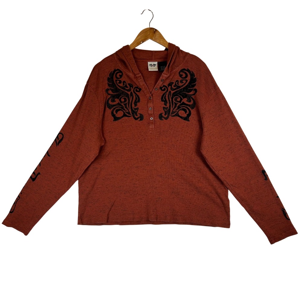 Harley-Davidson Womens 3W Rust Orange Space Dye Hooded Henley Flocked Top 2014
